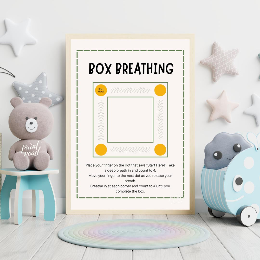 This clear and practical educational poster is titled "BOX BREATHING," and serves as a simple guide… for nursery
