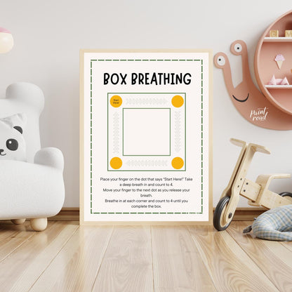 This clear and practical educational poster is titled "BOX BREATHING," and serves as a simple guide… for nursery