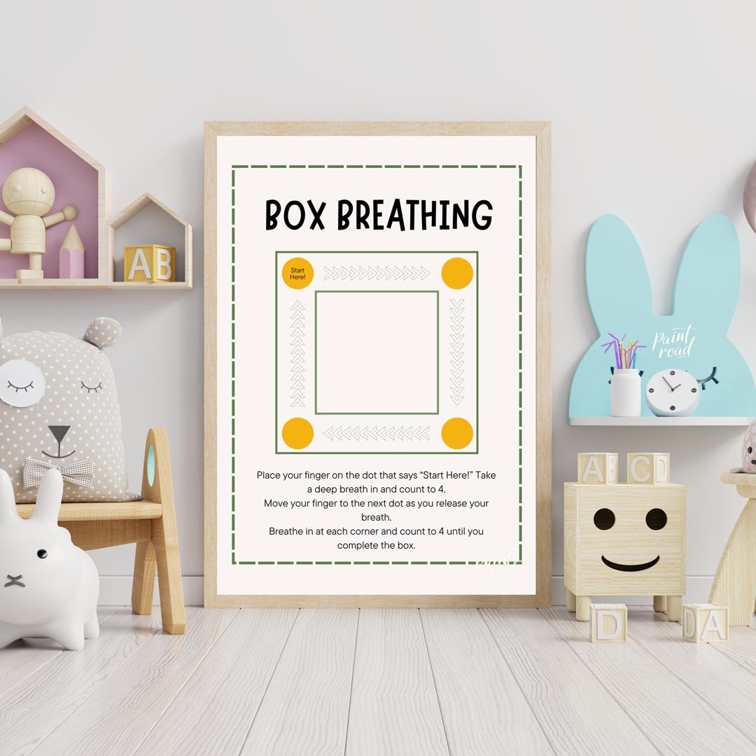 This clear and practical educational poster is titled "BOX BREATHING," and serves as a simple guide… for nursery