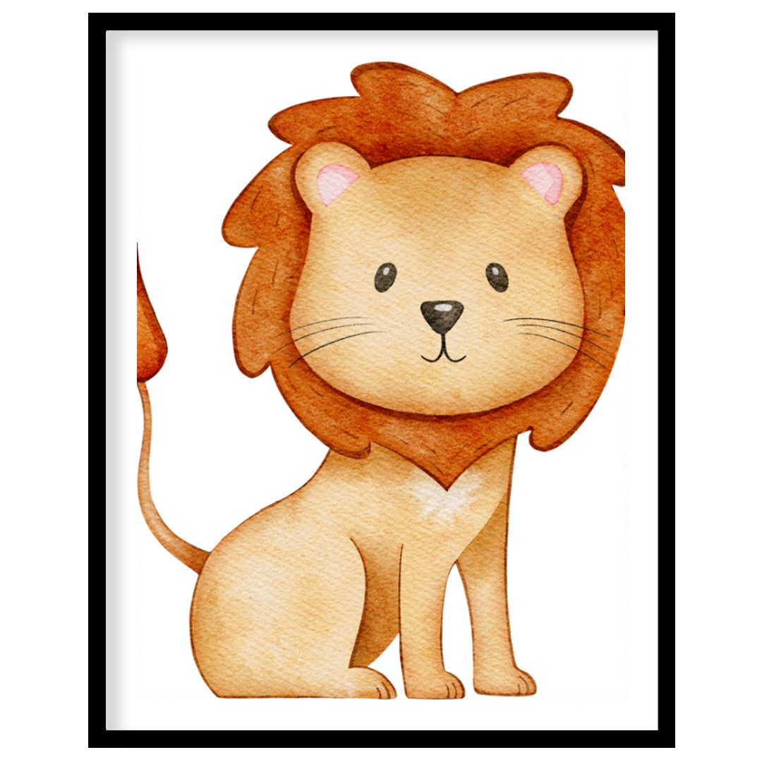 This endearing watercolor illustration features an adorable, friendly lion with a fluffy, reddish-b… for abode