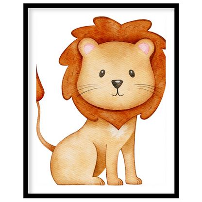 This endearing watercolor illustration features an adorable, friendly lion with a fluffy, reddish-b… for abode