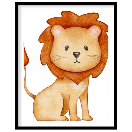 This endearing watercolor illustration features an adorable, friendly lion with a fluffy, reddish-b… for abode