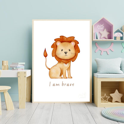 This endearing watercolor illustration features an adorable, friendly lion with a fluffy, reddish-b… for nursery