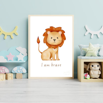 This endearing watercolor illustration features an adorable, friendly lion with a fluffy, reddish-b… for nursery