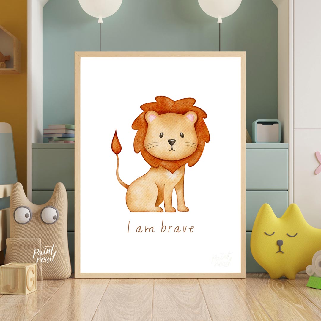 This endearing watercolor illustration features an adorable, friendly lion with a fluffy, reddish-b… for nursery