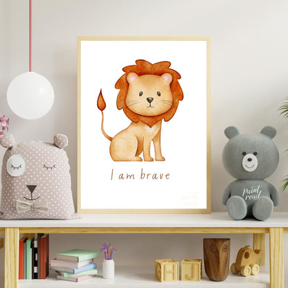 This endearing watercolor illustration features an adorable, friendly lion with a fluffy, reddish-b… for nursery