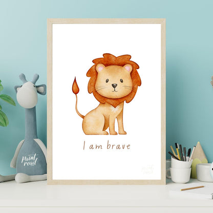 This endearing watercolor illustration features an adorable, friendly lion with a fluffy, reddish-b… for nursery