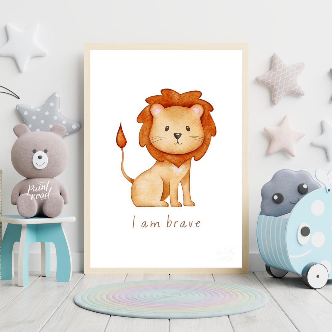 This endearing watercolor illustration features an adorable, friendly lion with a fluffy, reddish-b… for nursery