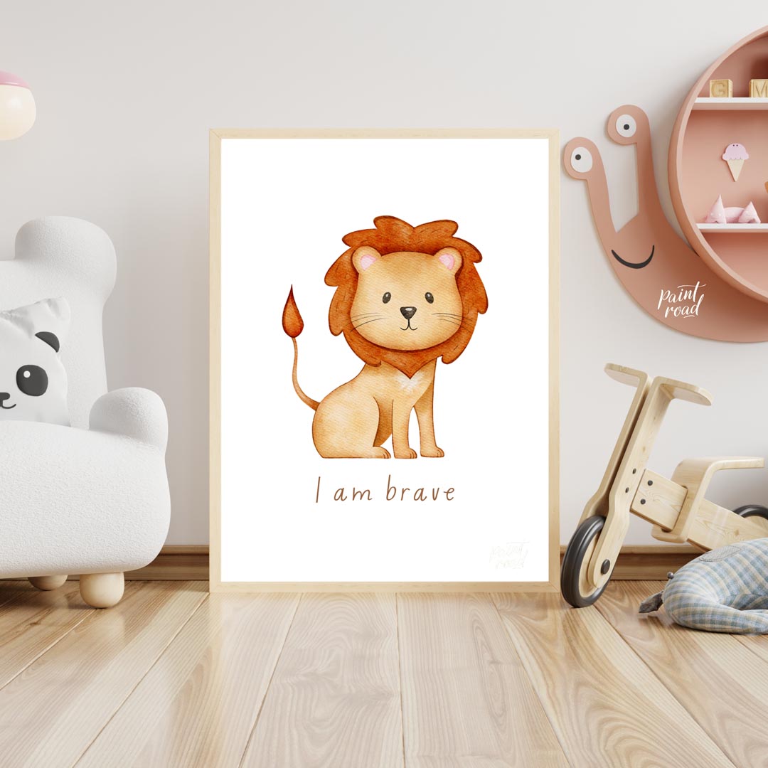 This endearing watercolor illustration features an adorable, friendly lion with a fluffy, reddish-b… for nursery
