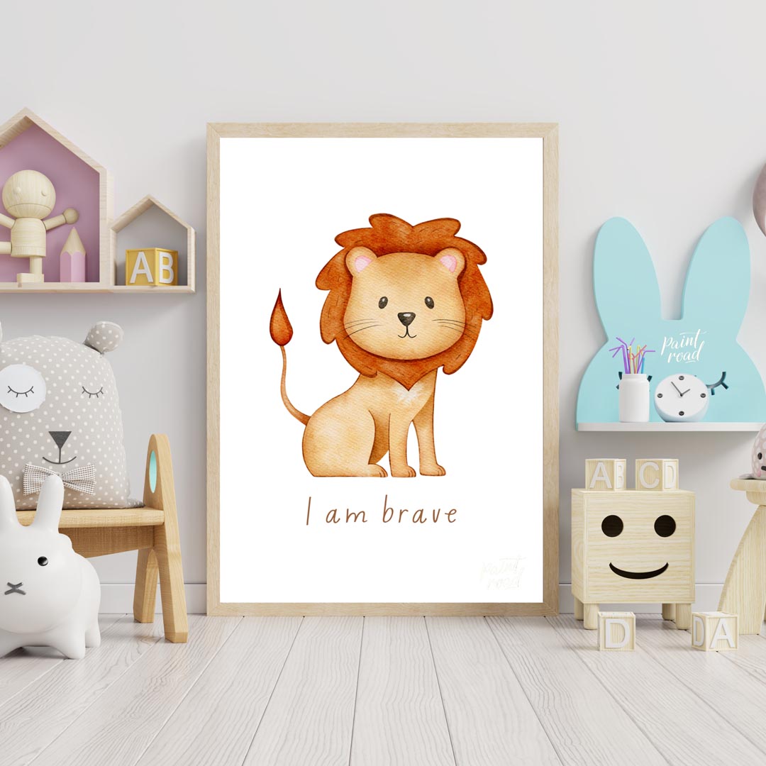 This endearing watercolor illustration features an adorable, friendly lion with a fluffy, reddish-b… for nursery