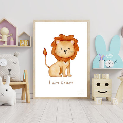 This endearing watercolor illustration features an adorable, friendly lion with a fluffy, reddish-b… for nursery