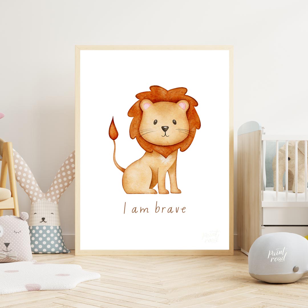 This endearing watercolor illustration features an adorable, friendly lion with a fluffy, reddish-b… for nursery