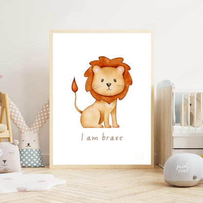 This endearing watercolor illustration features an adorable, friendly lion with a fluffy, reddish-b… for nursery