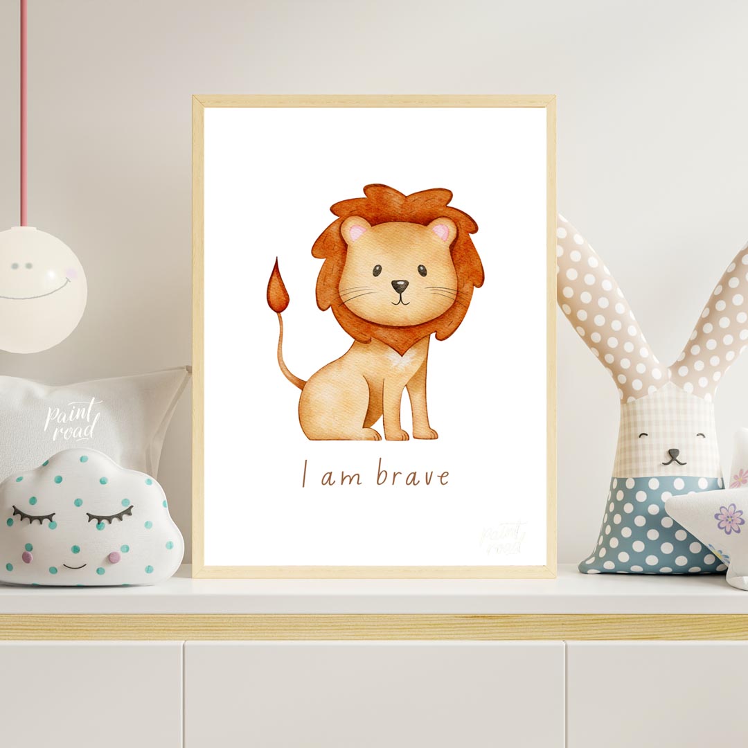 This endearing watercolor illustration features an adorable, friendly lion with a fluffy, reddish-b… for nursery