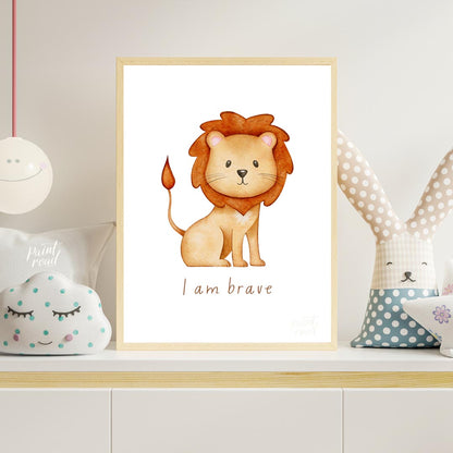 This endearing watercolor illustration features an adorable, friendly lion with a fluffy, reddish-b… for nursery