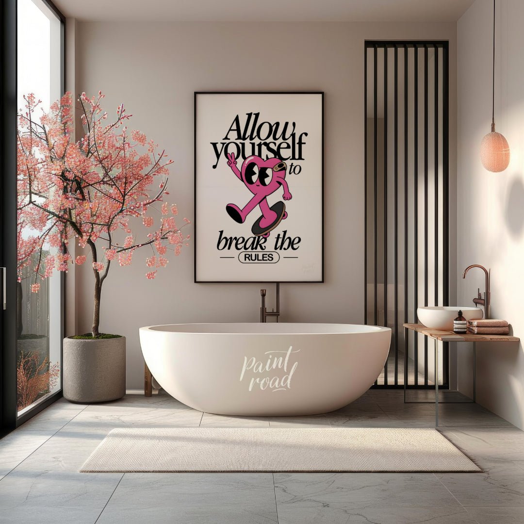 This whimsical and inspiring art print features a cartoon heart character on a skateboard, giving a… for bathroom