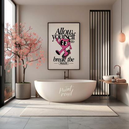 This whimsical and inspiring art print features a cartoon heart character on a skateboard, giving a… for bathroom