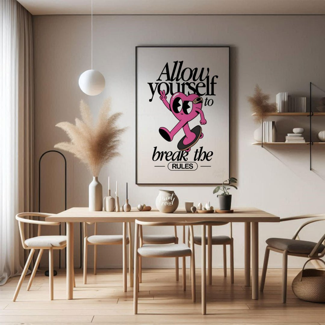 This whimsical and inspiring art print features a cartoon heart character on a skateboard, giving a… for dining room