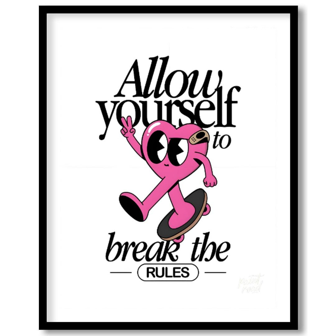 This whimsical and inspiring art print features a cartoon heart character on a skateboard, giving a… for home
