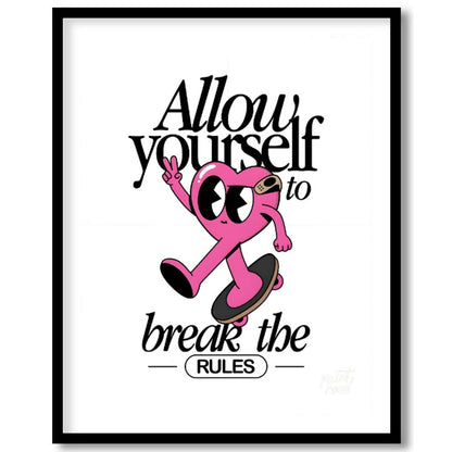 This whimsical and inspiring art print features a cartoon heart character on a skateboard, giving a… for home