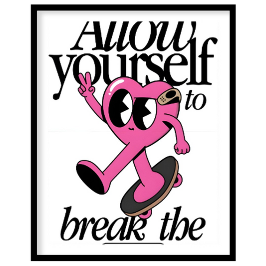 This whimsical and inspiring art print features a cartoon heart character on a skateboard, giving a… for home