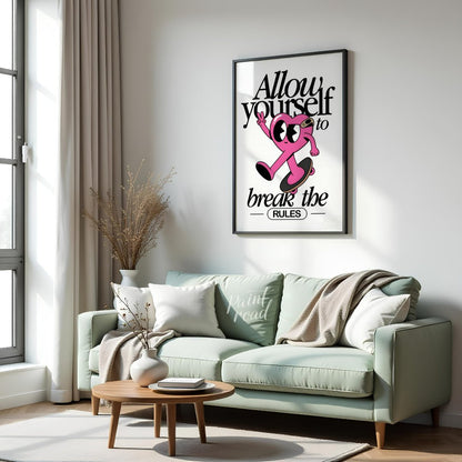 This whimsical and inspiring art print features a cartoon heart character on a skateboard, giving a… for living room