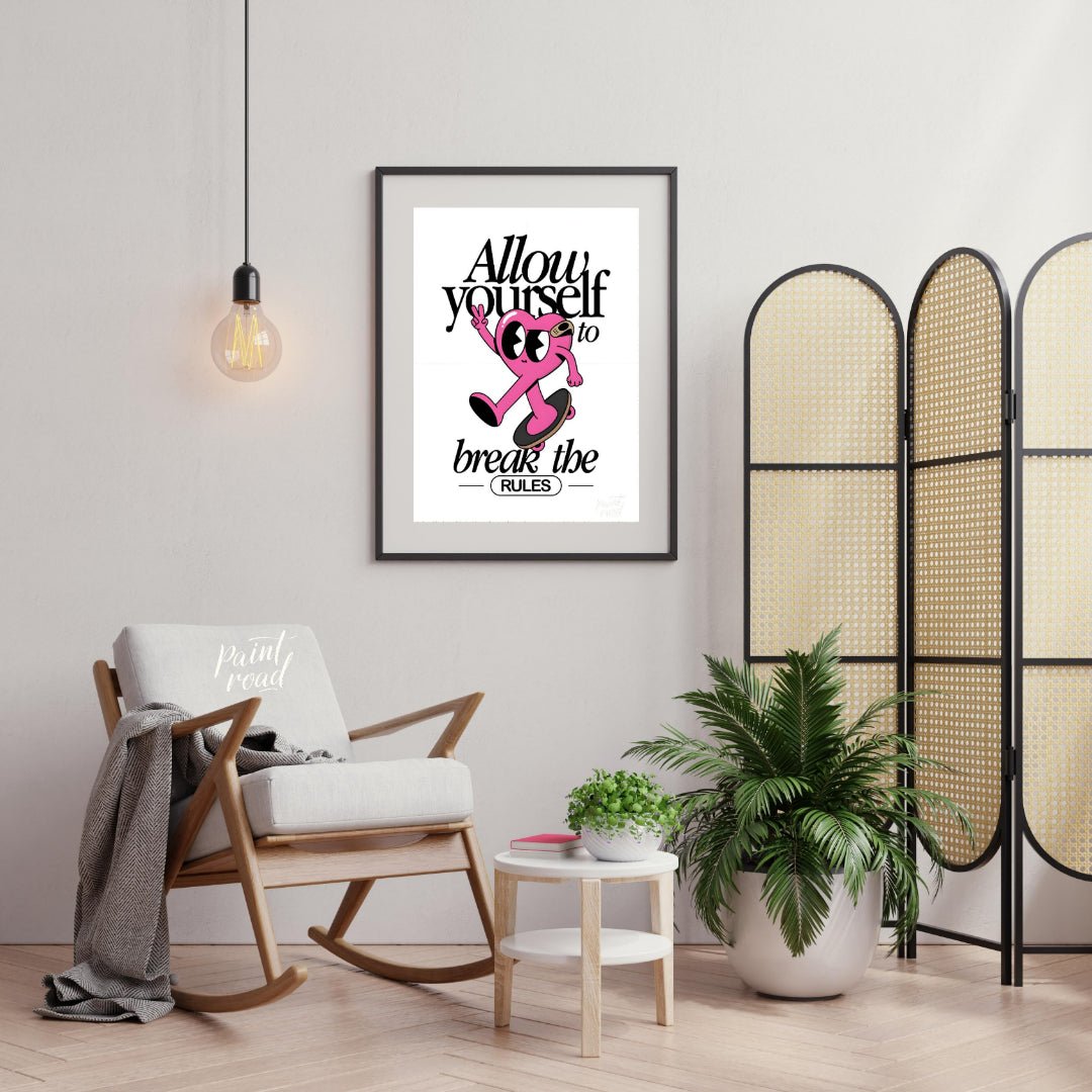 This whimsical and inspiring art print features a cartoon heart character on a skateboard, giving a… for living room