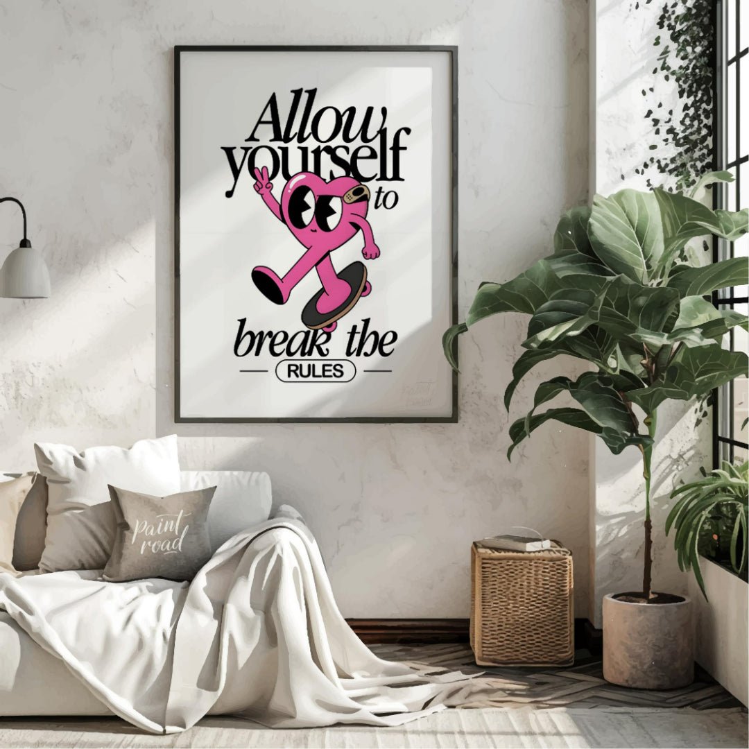 This whimsical and inspiring art print features a cartoon heart character on a skateboard, giving a… for living room