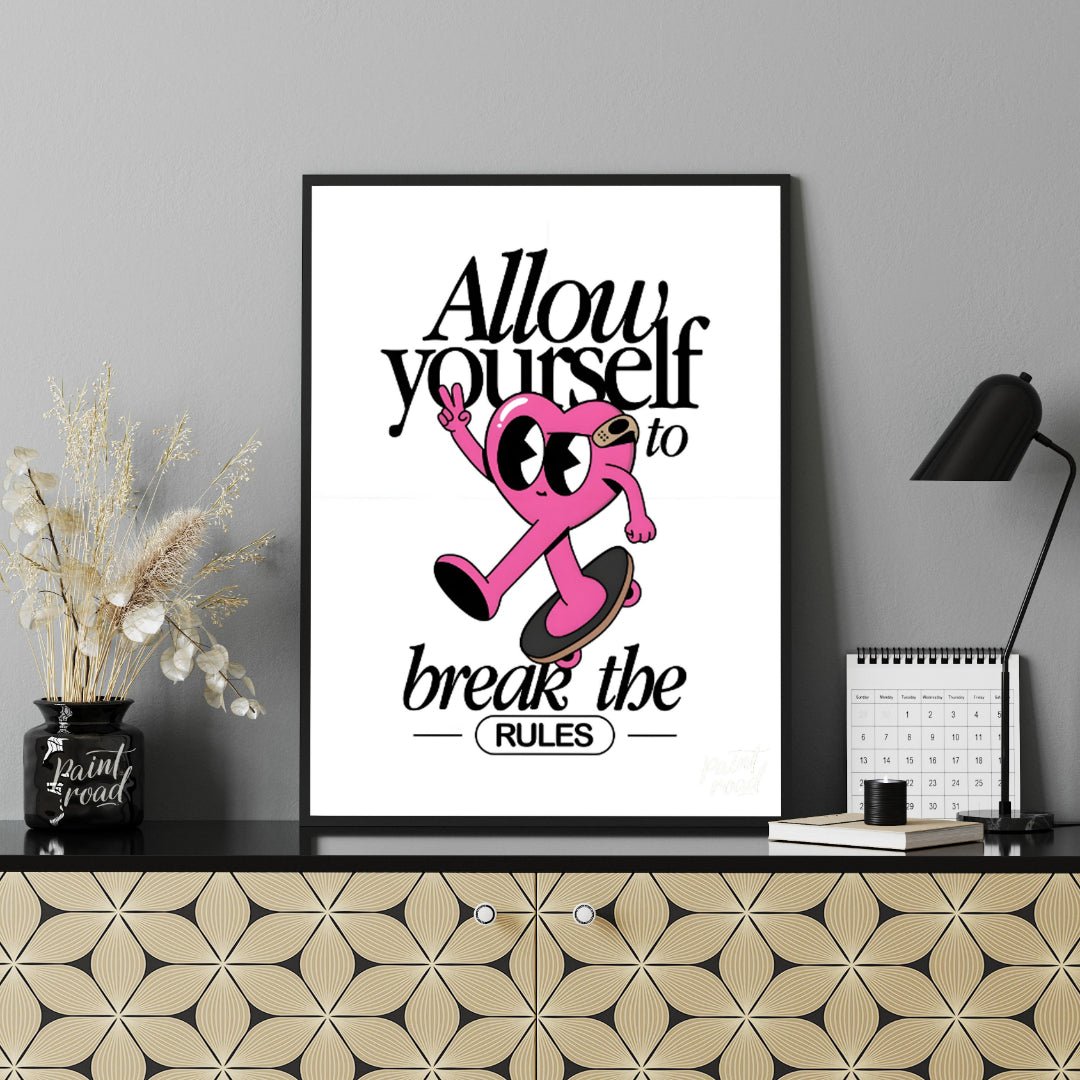 This whimsical and inspiring art print features a cartoon heart character on a skateboard, giving a… for office