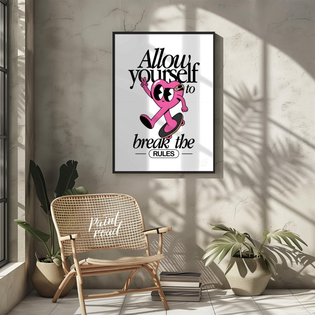 This whimsical and inspiring art print features a cartoon heart character on a skateboard, giving a… for other