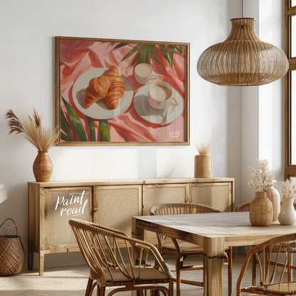 This beautiful painting captures a serene morning moment with a flaky croissant and steaming coffee… for dining room