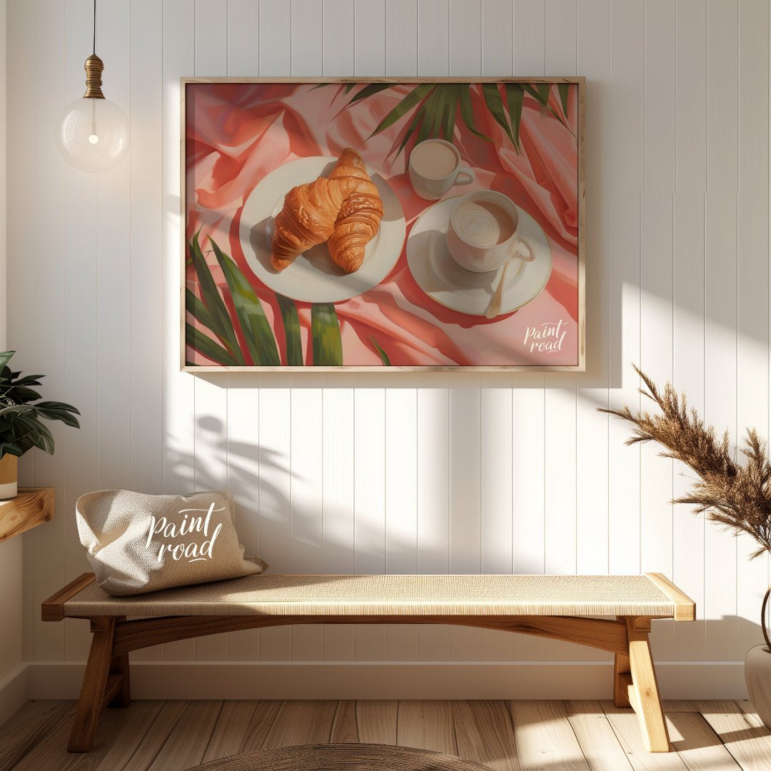 This beautiful painting captures a serene morning moment with a flaky croissant and steaming coffee… for entryway