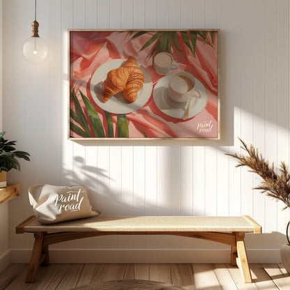 This beautiful painting captures a serene morning moment with a flaky croissant and steaming coffee… for entryway