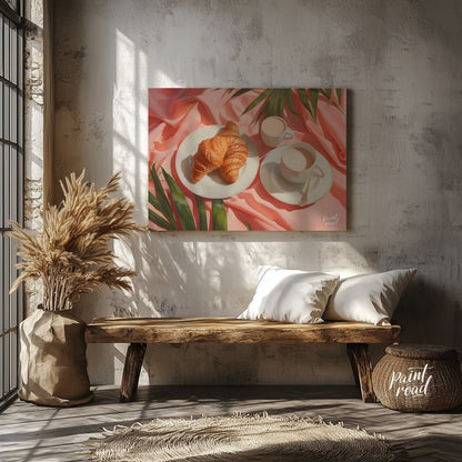 This beautiful painting captures a serene morning moment with a flaky croissant and steaming coffee… for entryway