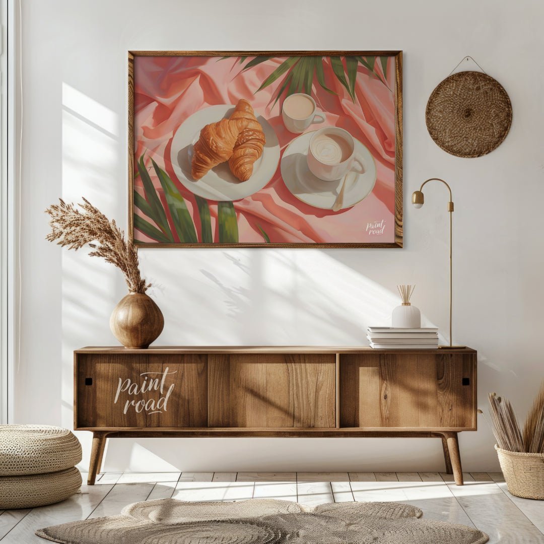 This beautiful painting captures a serene morning moment with a flaky croissant and steaming coffee… for living room