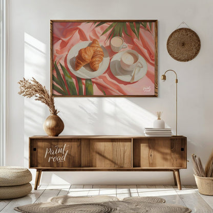 This beautiful painting captures a serene morning moment with a flaky croissant and steaming coffee… for living room