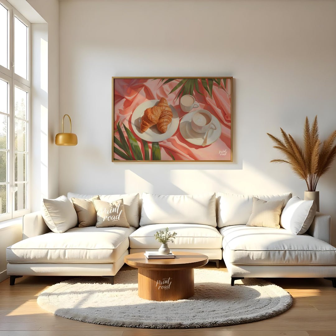 This beautiful painting captures a serene morning moment with a flaky croissant and steaming coffee… for living room
