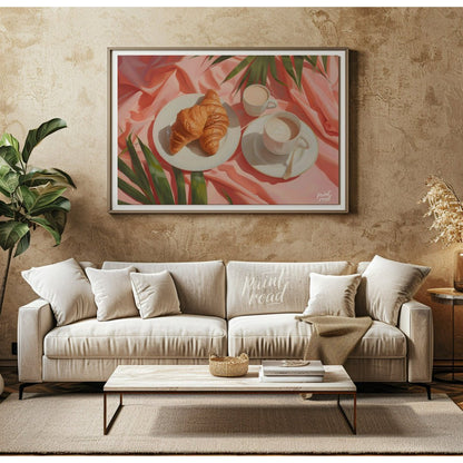 This beautiful painting captures a serene morning moment with a flaky croissant and steaming coffee… for living room