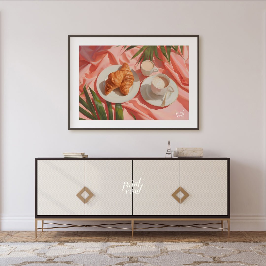 This beautiful painting captures a serene morning moment with a flaky croissant and steaming coffee… for living room