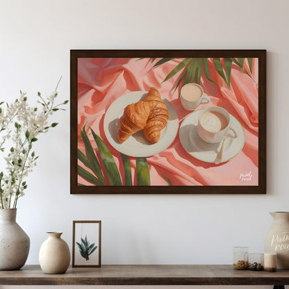 This beautiful painting captures a serene morning moment with a flaky croissant and steaming coffee… for living room
