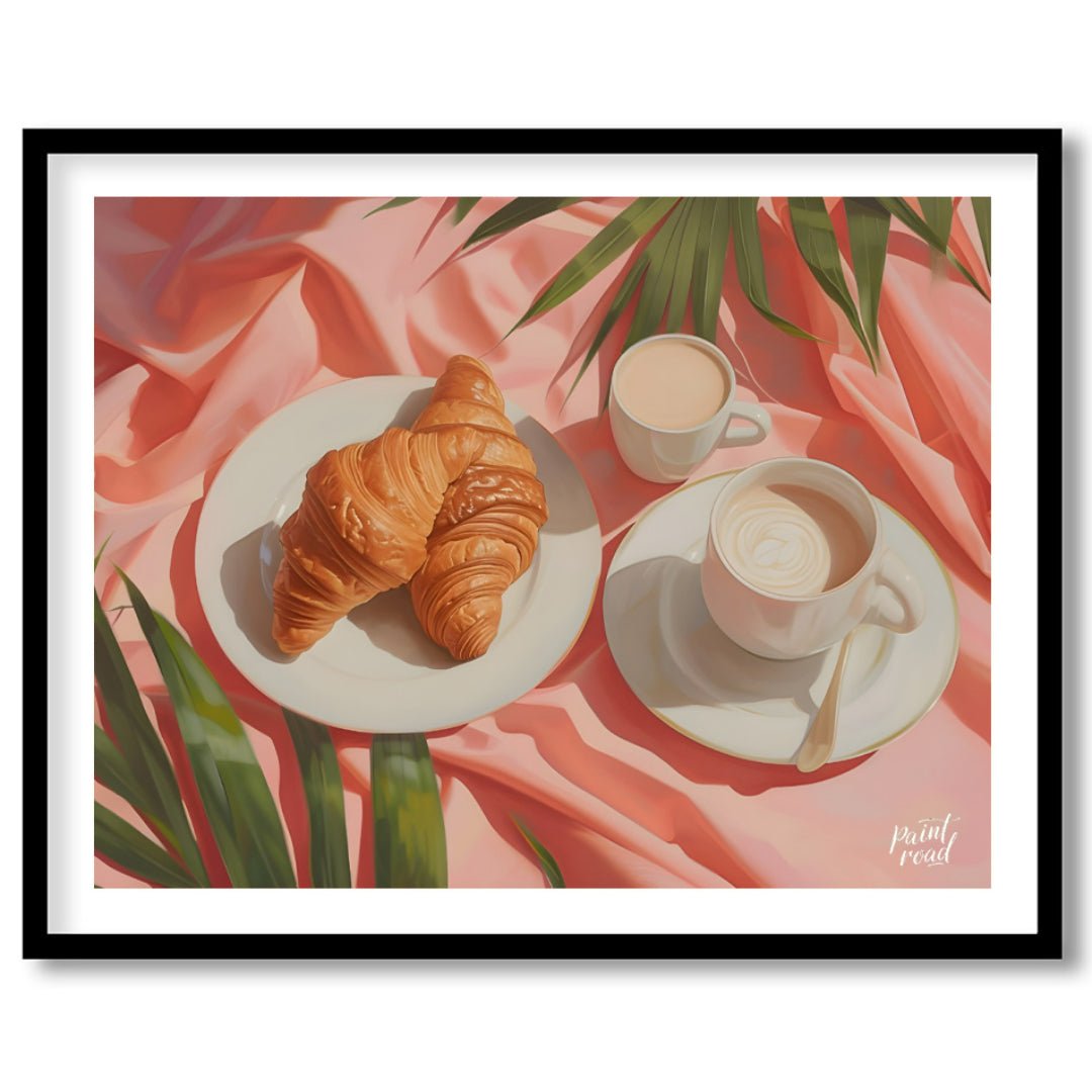 This beautiful painting captures a serene morning moment with a flaky croissant and steaming coffee… for place