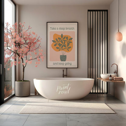 This calming artwork features a stylized potted plant with lush leaves, accompanied by the encourag… for bathroom