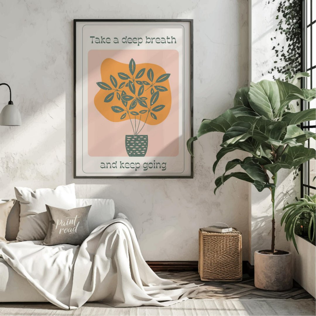 This calming artwork features a stylized potted plant with lush leaves, accompanied by the encourag… for living room