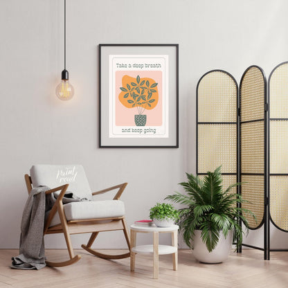 This calming artwork features a stylized potted plant with lush leaves, accompanied by the encourag… for living room