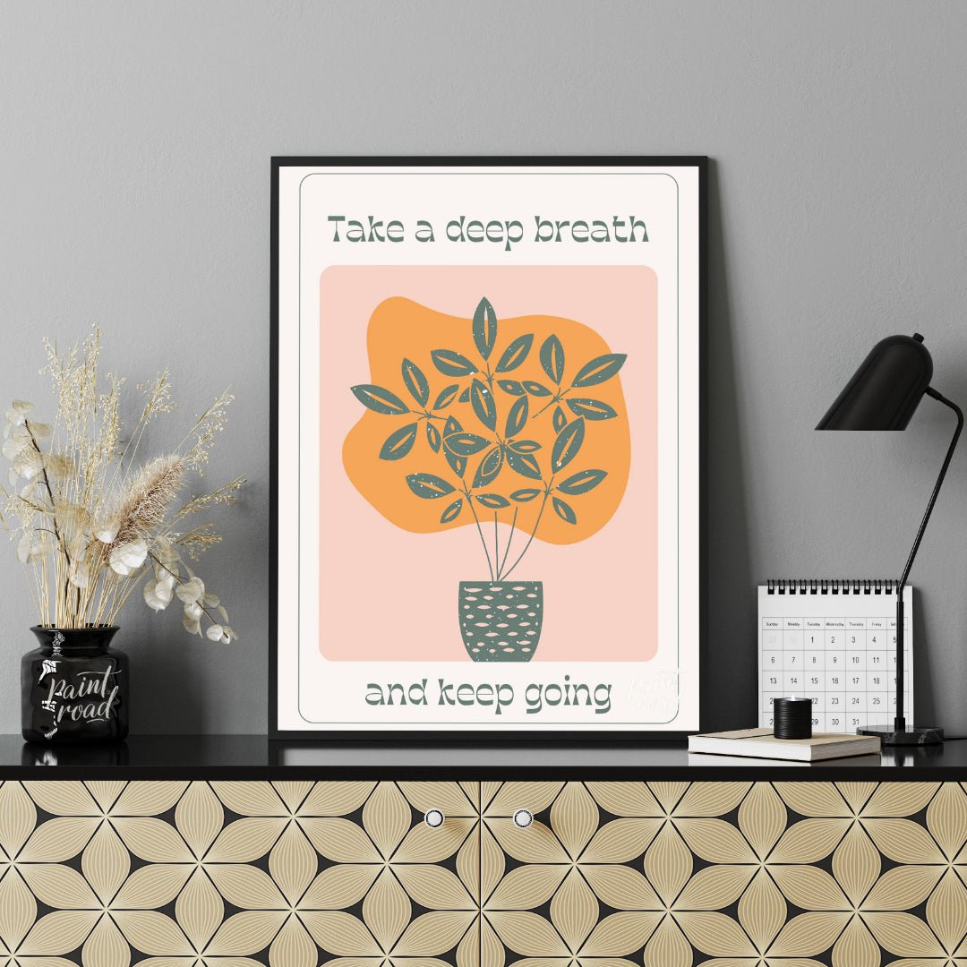 This calming artwork features a stylized potted plant with lush leaves, accompanied by the encourag… for office