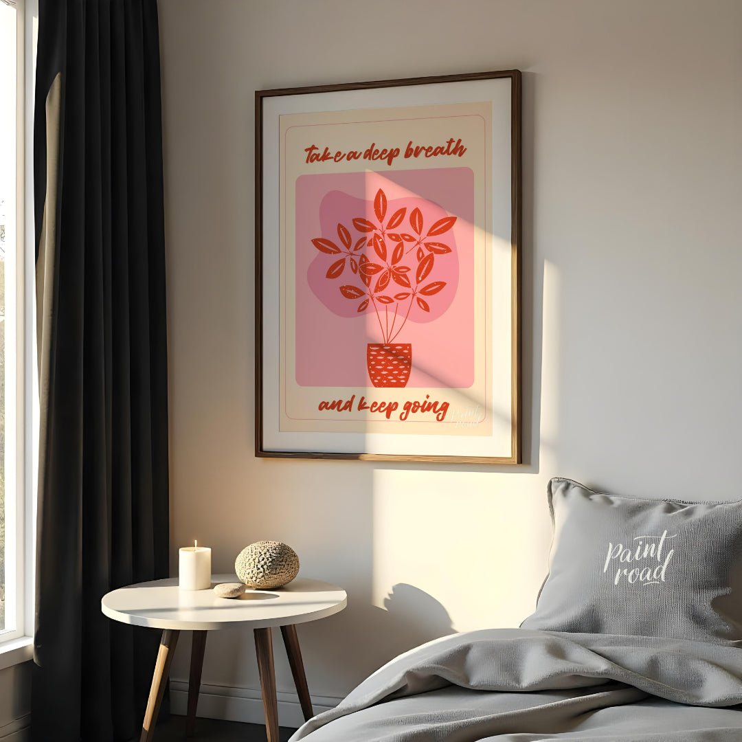 This digital illustration features a stylized plant with delicate leaves in a warm coral hue, set a… for bedroom