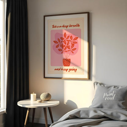 This digital illustration features a stylized plant with delicate leaves in a warm coral hue, set a… for bedroom