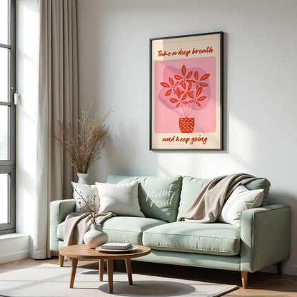 This digital illustration features a stylized plant with delicate leaves in a warm coral hue, set a… for living room