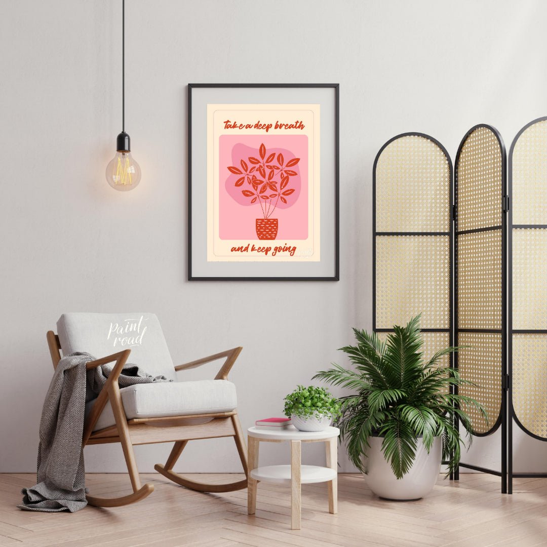 This digital illustration features a stylized plant with delicate leaves in a warm coral hue, set a… for living room