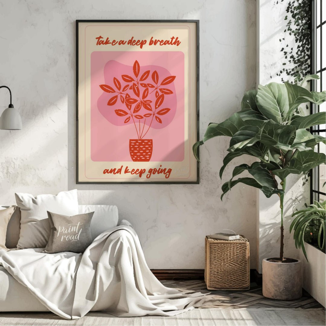 This digital illustration features a stylized plant with delicate leaves in a warm coral hue, set a… for living room